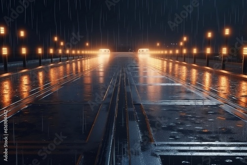 Midnight Road Hazy Wet Street with Car Headlights and Metal Fences, Generative AI
