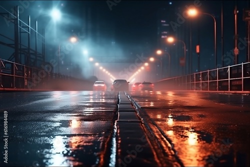 Midnight Road Hazy Wet Street with Car Headlights and Metal Fences  Generative AI