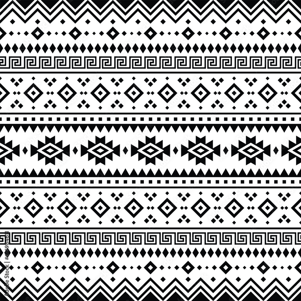 Aztec tribal geometric vector background in black and white. Seamless stripe pattern. Traditional ornament ethnic style. Design for textile, fabric, clothing, curtain, rug, ornament, wrapping.