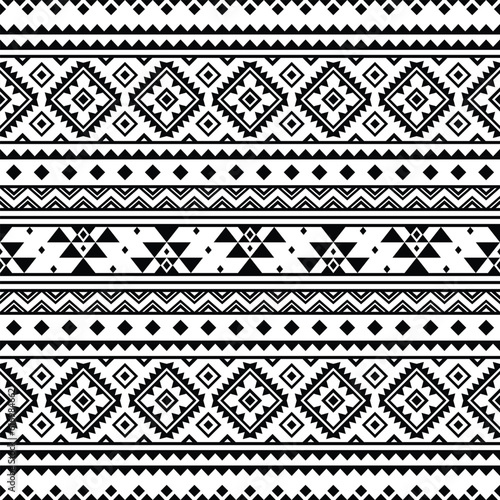 Seamless border pattern with unique ethnic backdrop design. Aztec Navajo tribal style. Black and white colors. Design for textile, fabric, curtain, rug, batik, ornament, background, wrapping.