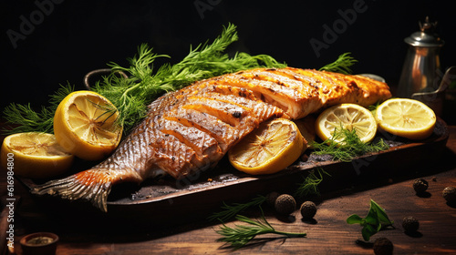Baked fish with lemon on a board.Generated by AI