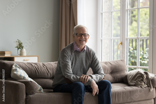 Satisfied smiling senior man wear eyeglasses staring at camera. Portrait of happy, healthy and wellbeing pensioner, single mature male resting alone seated on couch posing for cam. Carefree retirement © fizkes