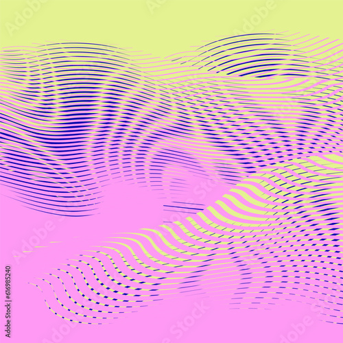 Abstract neon colors geometric texture with mountain landscape, gradient stripes and moire effect. For web design, cover backgroundness card, mobile apps, web banner, poster, package.