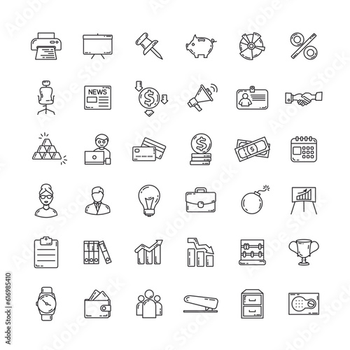 business and finance line icon set with megaphone, money, coins, chart
