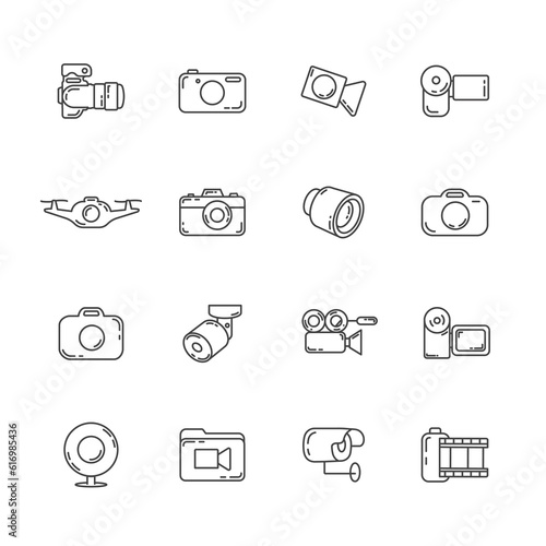 camera line icon set. photo video line icon set.