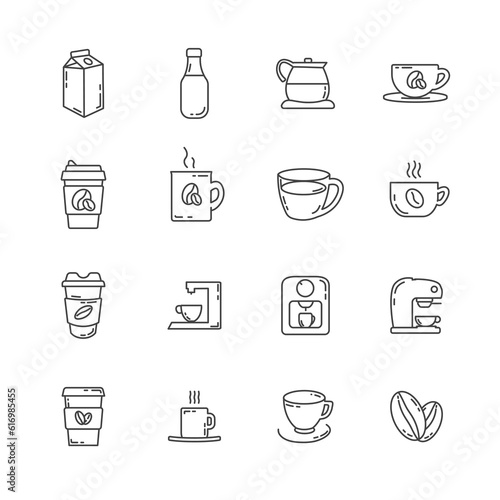 Coffee line icon set with coffee beans, take away cup of coffee