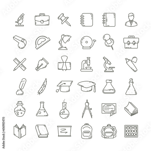 education line icon set with Science glassware, chemistry flask, book icons