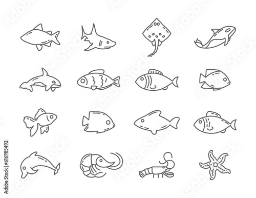 fish line icon set with shark, orca, starfish