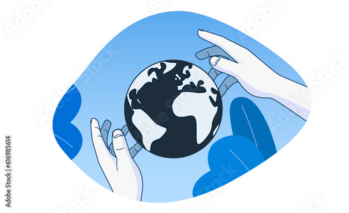 Hands holding earth globe. Outline cartoon style.