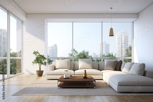 Stylish scandinavian living room with design furniture, plants, bamboo bookstand and wooden desk. Brown wooden parquet. Abstract painting on the white wall. Nice apartment,Generative AI