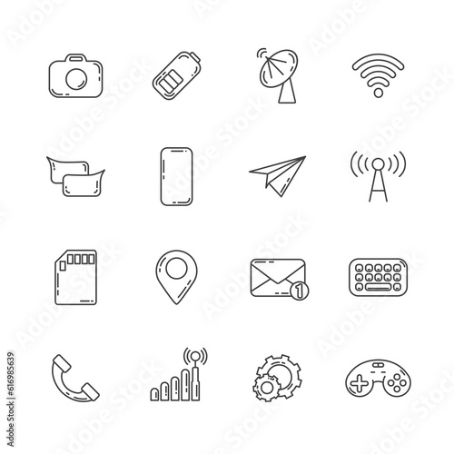 mobile phone application interface line icon set with speech bubble, paper plane, keyboard, map pin, gsm