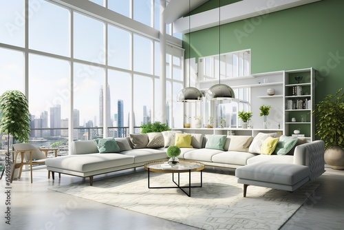 Bright living room interior with white empty wall,Generative AI © Azar