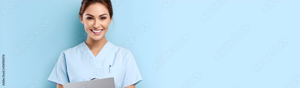 Happy smiling young Latin female nurse in scrub holding an empty sheet on clipboard on blue modern background studio portrait. Healthcare personnel, beauty care, physiotherapy, banner, AI Generated Happy smiling young Latin female nurse in scrub holding an empty sheet on clipboard on blue modern background studio portrait. Healthcare personnel, beauty care, physiotherapy, banner, AI Generated