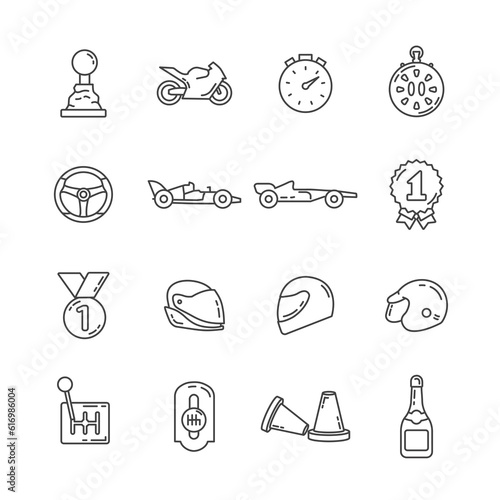 Racing line icon set with racing car, helmet, gearbox