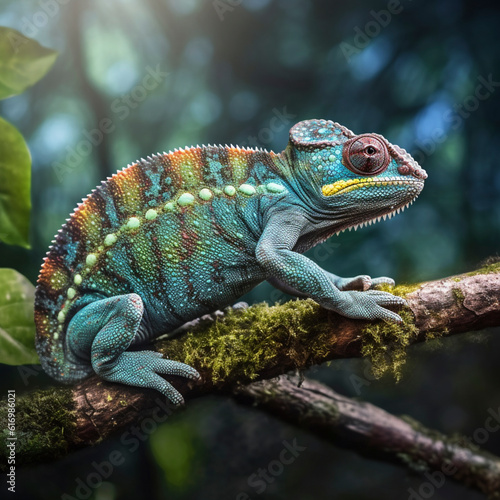 Panther chameleon (Furcifer pardalis)on a branch, ai generated