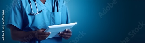 Close up of hands of smiling African beautiful male surgeon, medical worker doctor in scrubs, clinic, looking at clipboard sheet bokeh abstract blue background, copy space, AI Generated