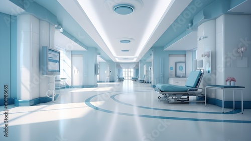 Hospital large white and blue hall interior with comfortable chairs and medical equipment in a modern hospital clinic, clean, wide windows, beautiful view, 3D, AI Generated.
