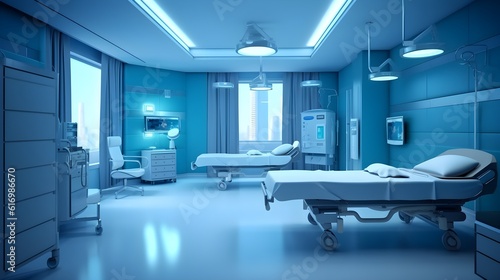 Hospital large white and blue room interior with comfortable beds and medical equipment in a modern hospital clinic, clean, wide windows, beautiful nature view, 3D, AI Generated.