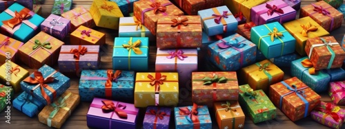 A vibrant stack of beautifully wrapped gift boxes in various sizes and patterns, conveying the joy and spirit of giving. Web banner backdrop. Generative AI