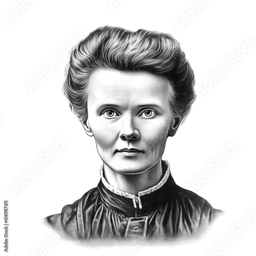 A black and white vintage engraving of a portrait of Marie Curie with face straight-on, facing the camera - Generative AI photo