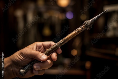 Hand with wooden magic wand, wizard and magician tool. Isolated on dark background. 