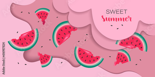 Watermelon background. Paper cut style. Watermelon slices on waves cut out of paper. Sweet summer.
