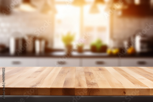 Wood table top on blurred kitchen background