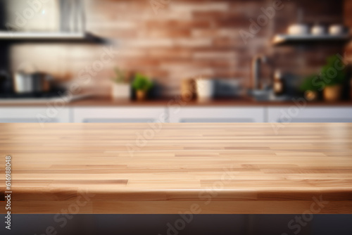 Wood table top on blurred kitchen background