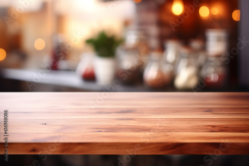 Wood table top on blurred kitchen background © MUS_GRAPHIC