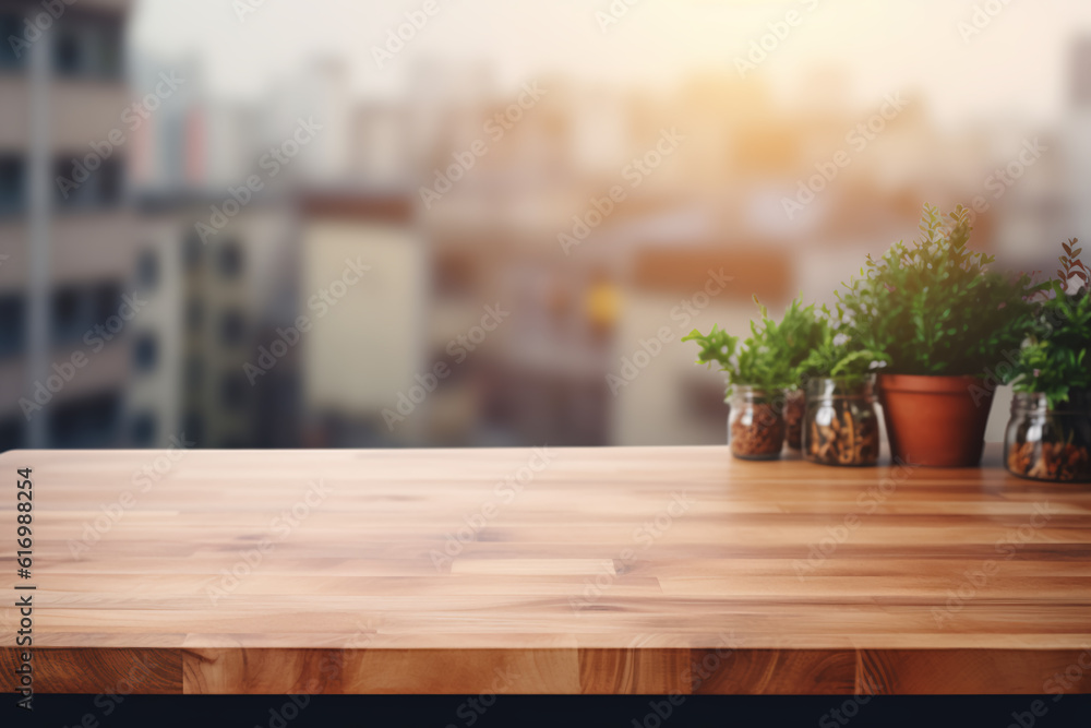 Fototapeta premium Wood table top on blurred kitchen background