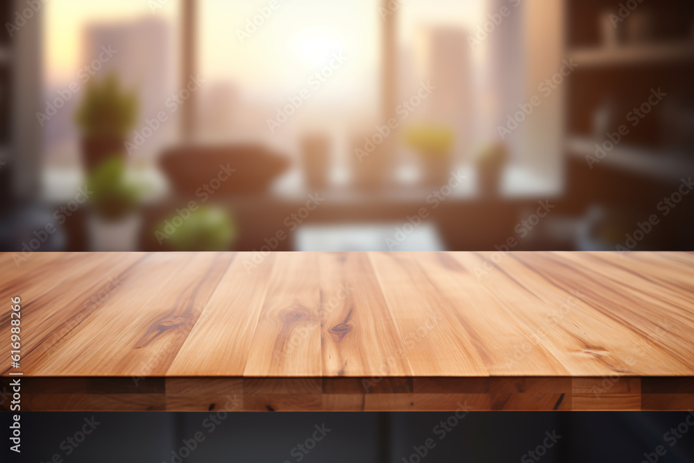 Wood table top on blurred kitchen background Wood table top on blurred kitchen background