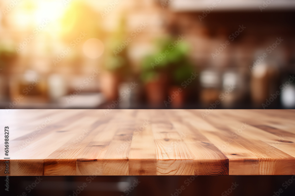 Wood table top on blurred kitchen background Wood table top on blurred kitchen background