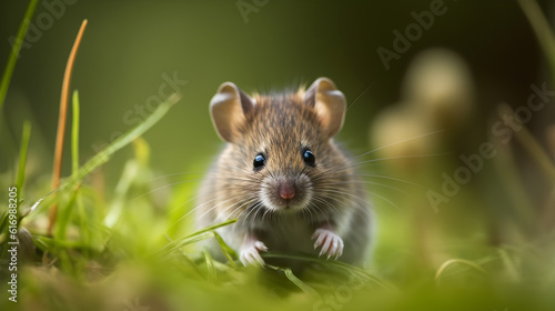 closeup shot of small mouse in green grass created with Generative AI