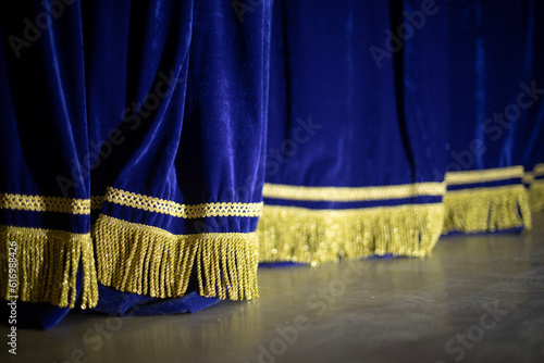 Blue Curtain. Curtain on stage. Blue fabric.