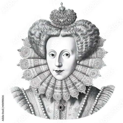Black and white vintage engraving, headshot portrait of Queen Elizabeth I (the First), serious looking expression, face straight-on, facing camera, white background, greyscale - Generative AI photo