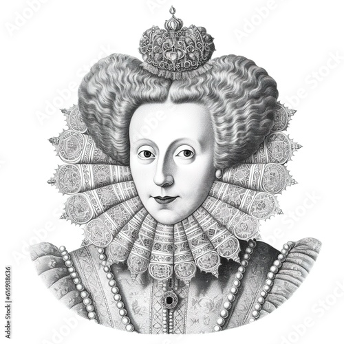 Black and white vintage engraving, headshot portrait of Queen Elizabeth I (the First), serious looking expression, face straight-on, facing camera, white background, greyscale - Generative AI