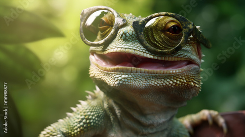 reptile close-up wildlife portrait glasses animal iguana green lizard scale. Generative AI.