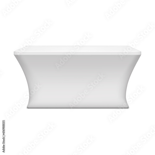 Blank white portable exhibition counter vector mockup. Trade show promotional table display stand realistic mock-up. Template for design