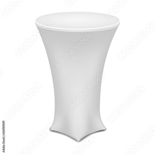 Blank white cocktail table vector mockup. Trade show promotional round counter display stand realistic mock-up. Template for design