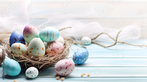 easter eggs in a basket with blur background created with Generative AI