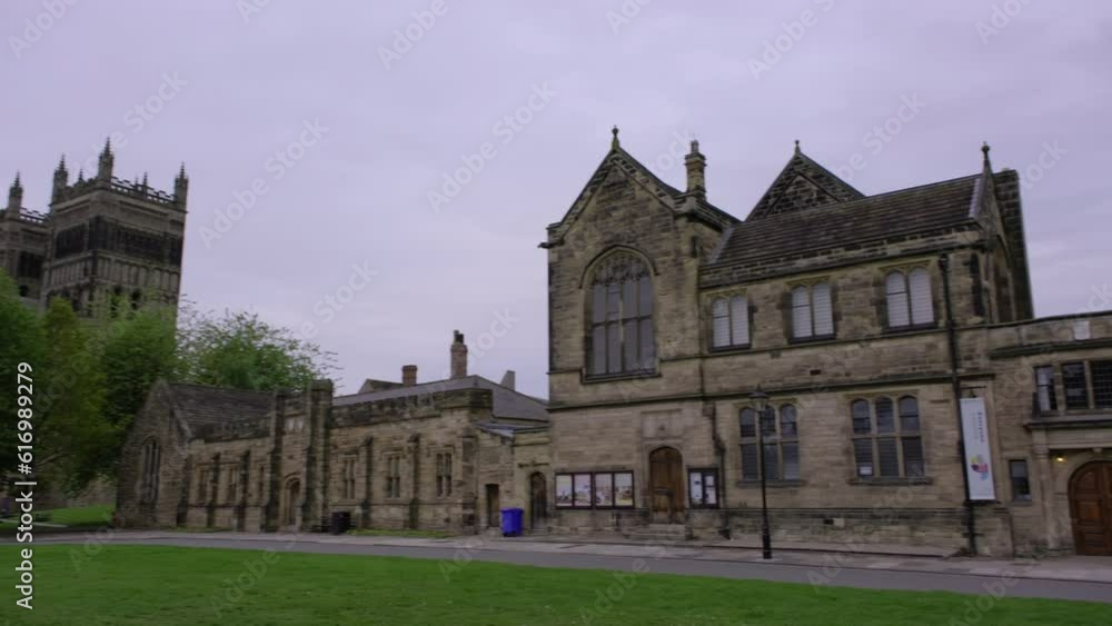 Pan from Durham Cathedral to the Museum of Archaeology on an overcast spring day Pan from Durham Cathedral to the Museum of Archaeology on an overcast spring day
