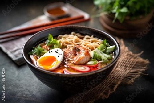 japanese noodle meal ramen soup asian bowl vegetable food chopstick. Generative AI.