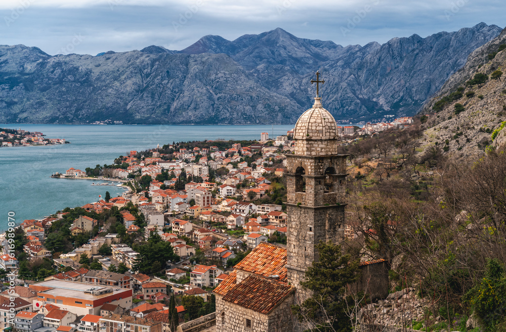 Top view of the ancient town of Kotor and the Bay of Kotor. Montenegro, Balkans. Mountains, nature