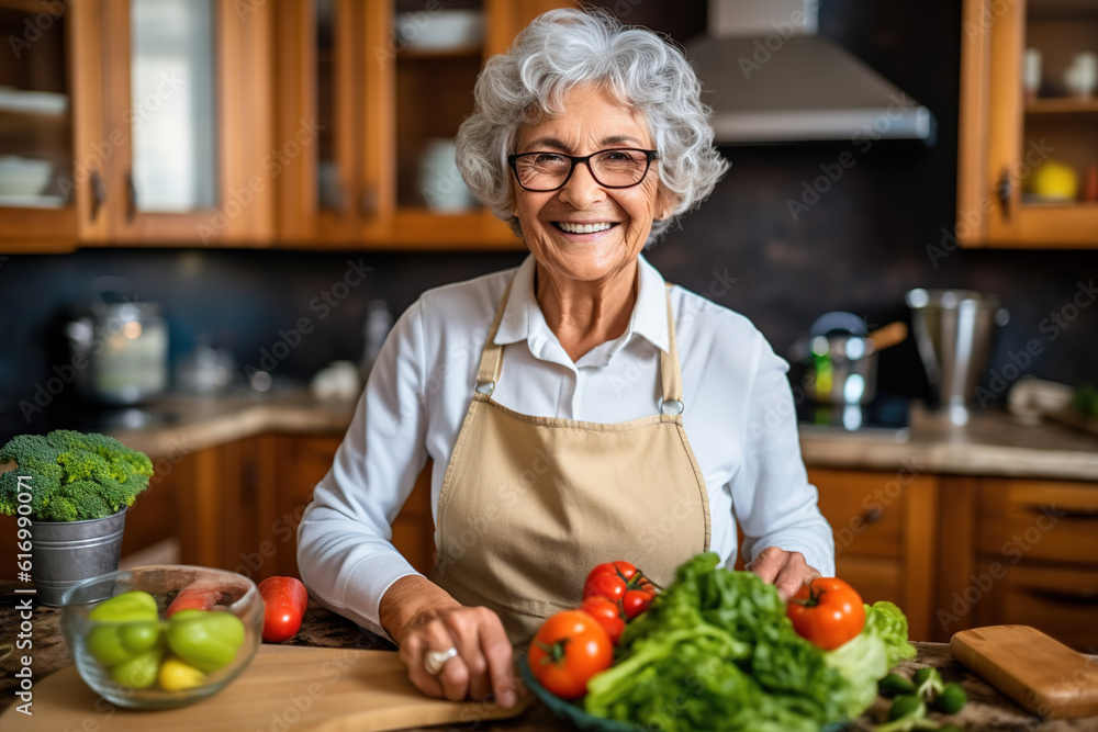 Senior woman preparing healthy food with fresh vegetables in kitchen. Senior woman preparing healthy food with fresh vegetables in kitchen.