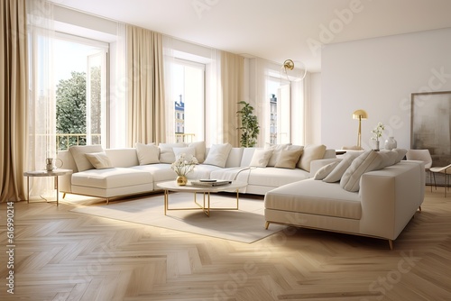 Modern luxury living room   Modern interior living room design   3d rendering of modern living room with white sofa   Panoramic grey living room  Generative AI.