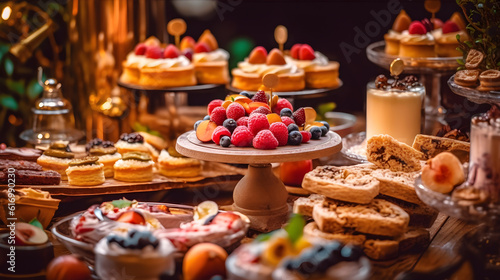 Different cake flavor with fruit and cookies on table party created with Generative AI