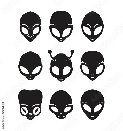 Set of alien faces silhouettes. Collection of different cartoon space heads. Black stickers isolated on white. Vector clip art. 