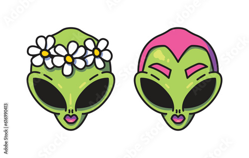 Cute cartoon alien girls vector set. Female space creatures with pink hair and a flower wreath. 