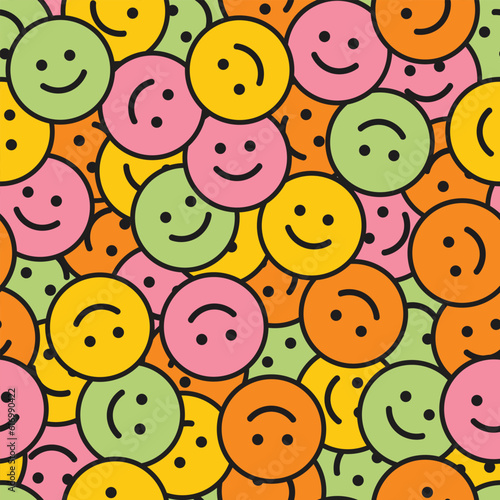 Ton of smiles seamless vector pattern. Retro style colorful fun design. 