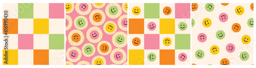 Smiles and check seamless patterns collection. Set of nostalgic vector designs with a modern twist. Vibrant retro prints for products to embrace happiness. 